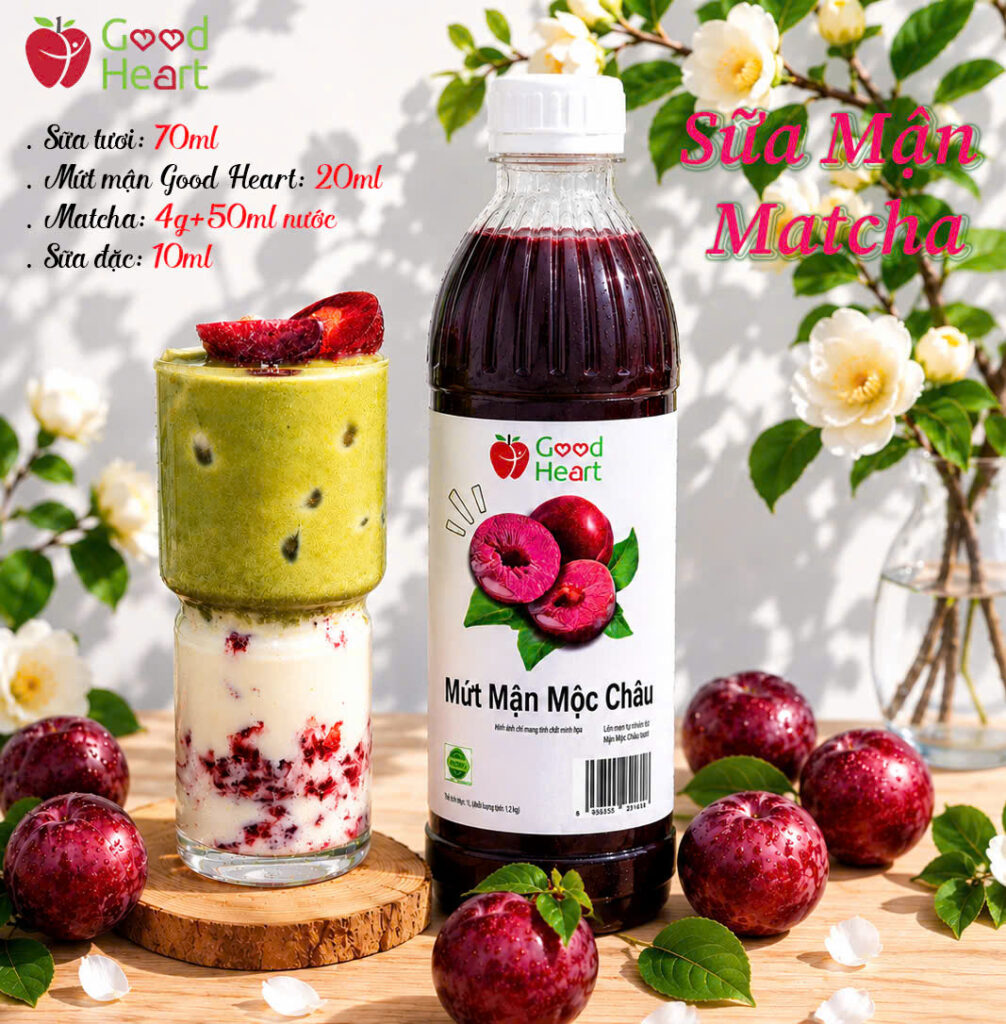 Ly sữa mận Matcha phân tầng đẹp mắt với mứt mận Mộc Châu Good Heart và trà xanh Matcha.