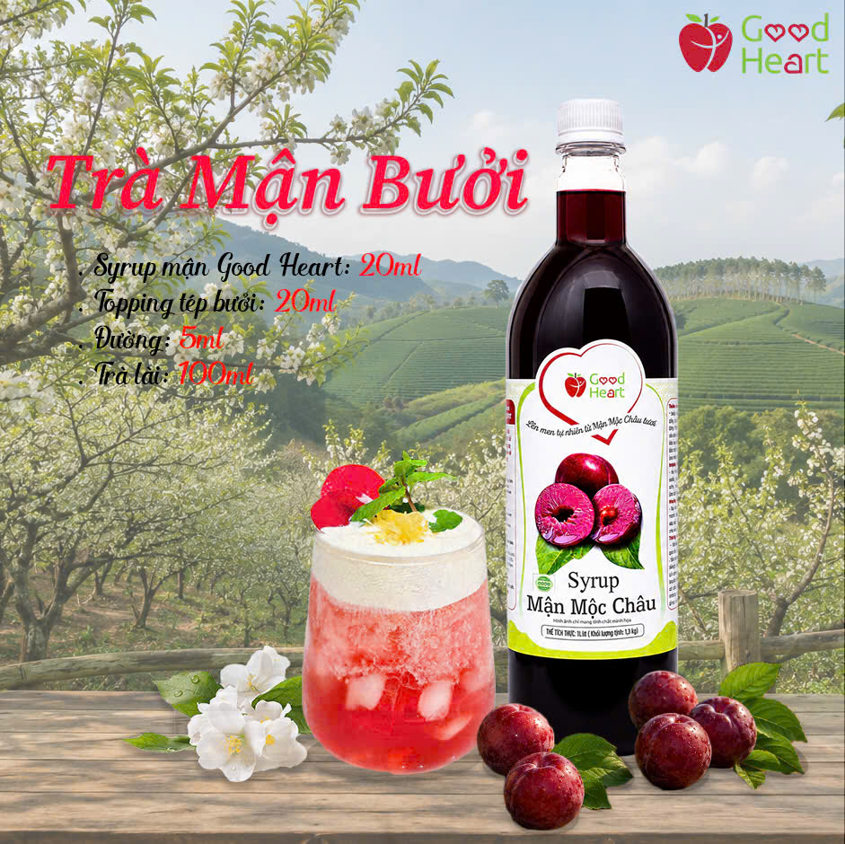 Ly trà mận bưởi mát lạnh với topping tép bưởi tươi và syrup mận Mộc Châu Good Heart.