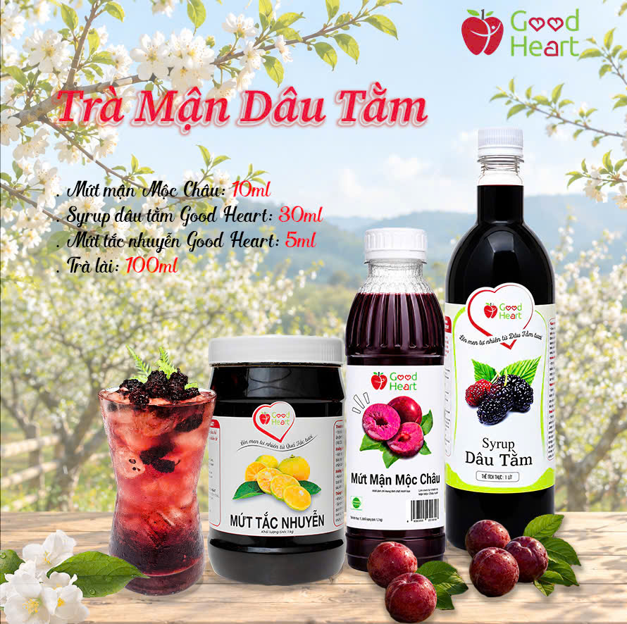 Trà mận dâu tằm với sắc đỏ rực rỡ, sử dụng syrup dâu tằm và mứt mận Mộc Châu Good Heart.