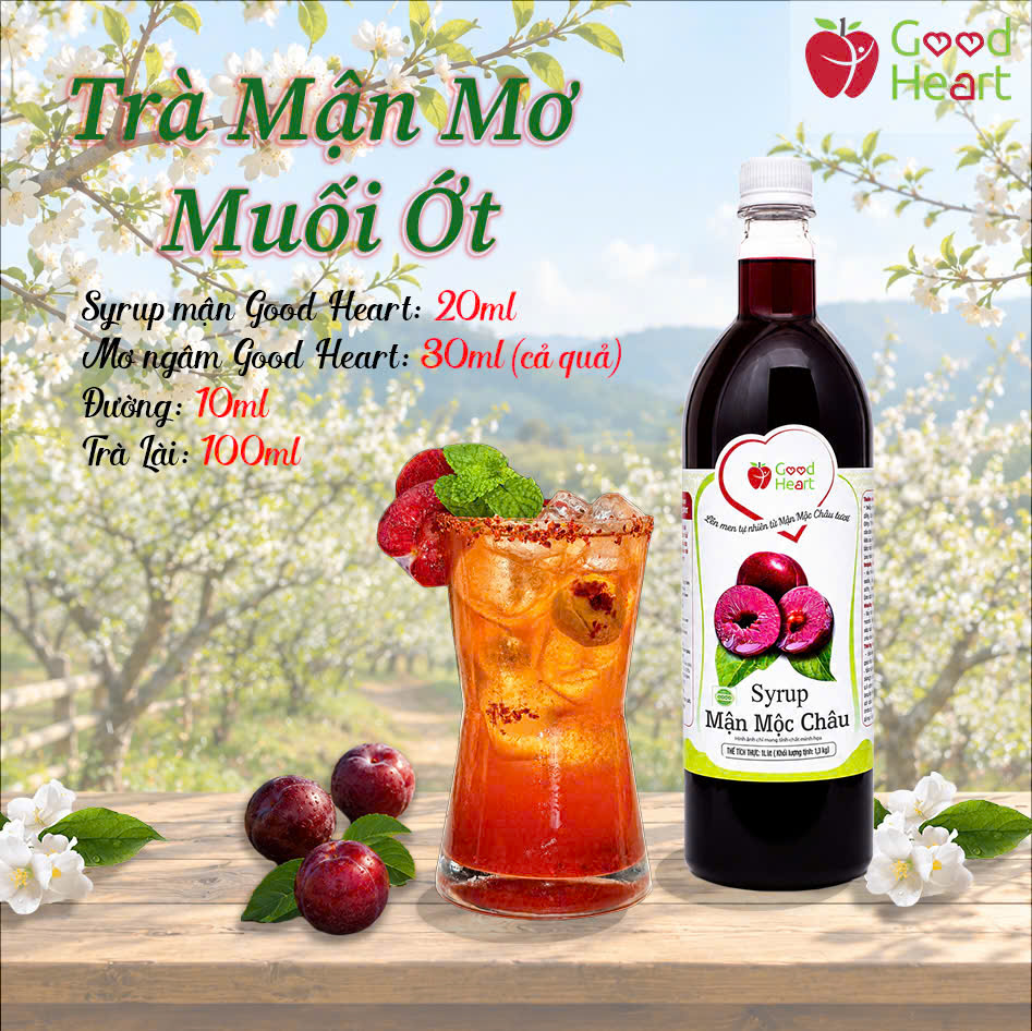 Trà mận mơ muối ớt độc đáo với sự kết hợp của mứt mận và mơ ngâm Good Heart.